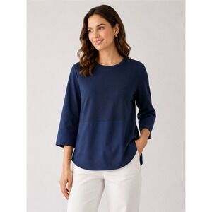 COS Mixed Media Textured Knit Poplin Top Blue 3/4 Sleeve XS